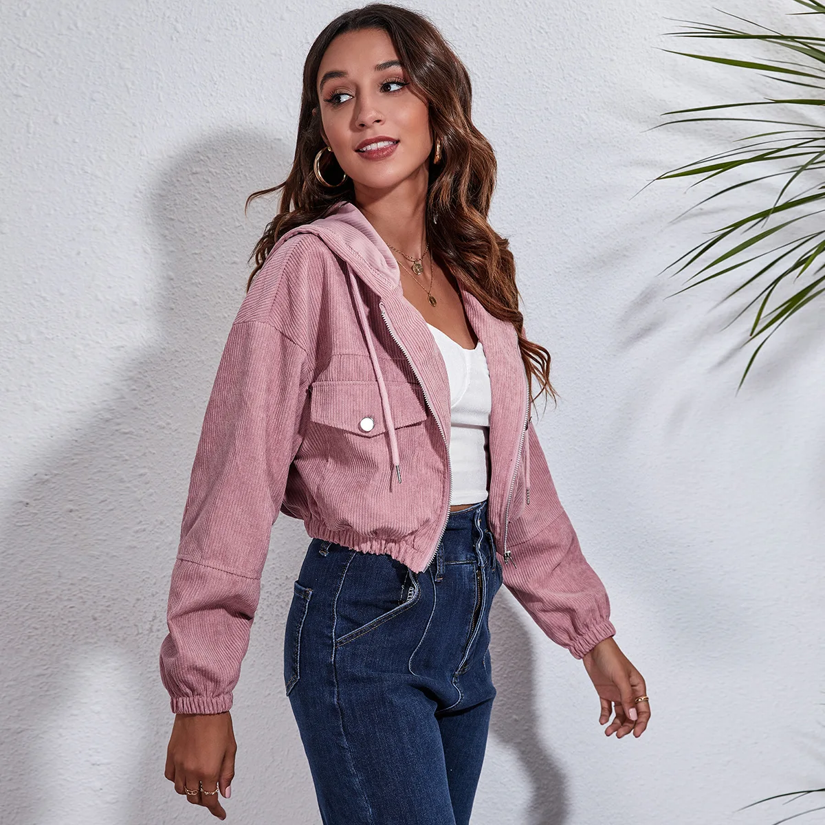 

Cropped Hoodie Jacket Women Fall Winter Corduroy Zipper Zip Up Fashion Casual Vintage Black Pink Short Jackets Coat Teen Girl