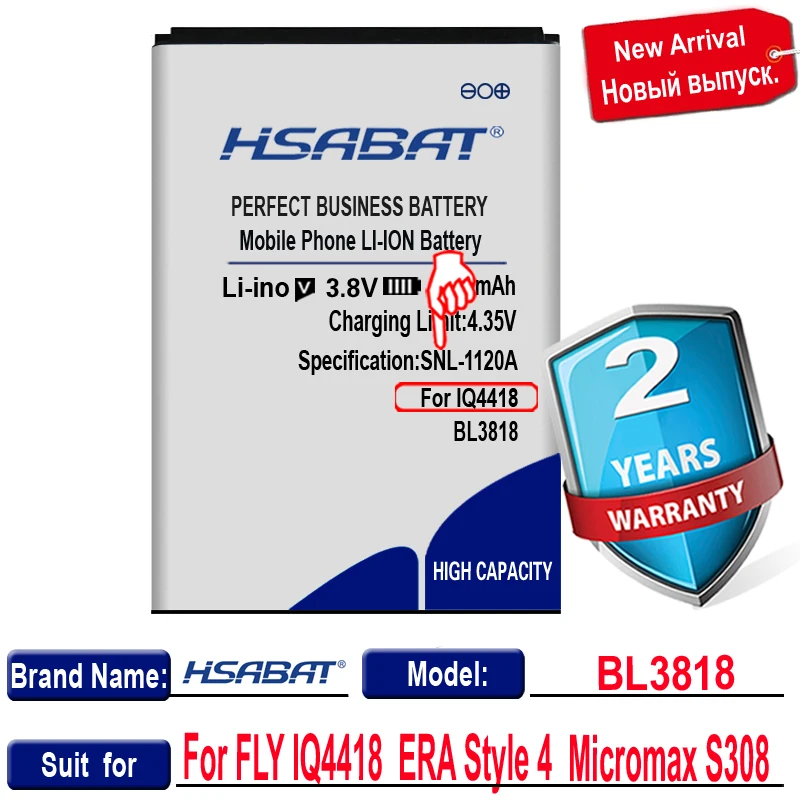 Аккумулятор HSABAT BL3818 2600 мАч для FLY IQ4418 IQ 4418 ERA Style 4 BL 3818 / Micromax S308|battery for|battery for flybatteries
