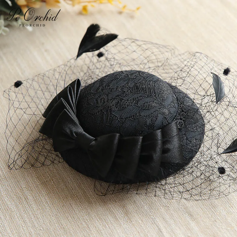 PEORCHID Black/Blue/Ivory Party Hats Wedding Headdress Bridal Sweet Bow Feather Women Fascinator Face Veils | Свадьбы и торжества