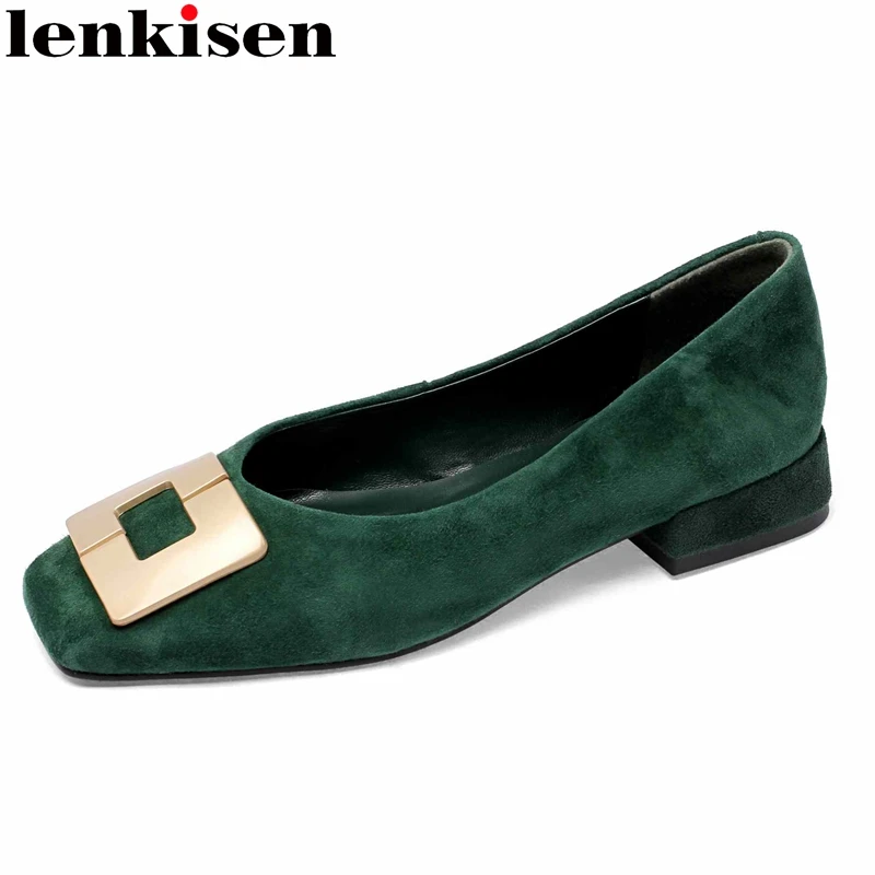 

Lenkisen simple style handmade sheep suede square toe metal decorations low square heels lace on beauty lady energy pumps L77