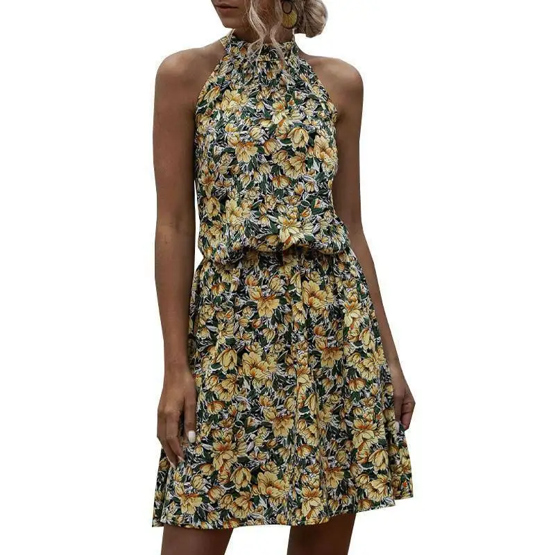 

Womens Holiday Halter Boho Floral Mini Dress Casual Beach Party Comfy Sundress
