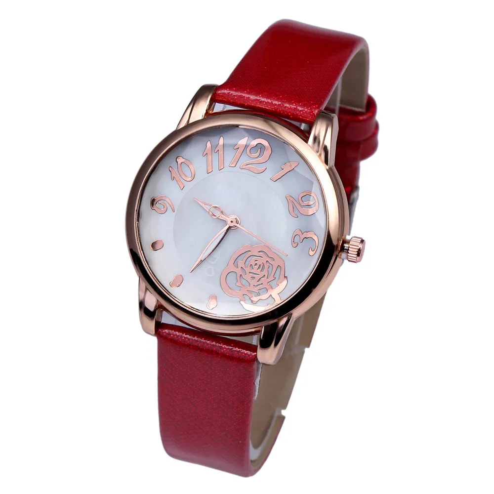 

2021 Fashion Casual Rose Pattern Women's Watch Creative Rhombus Enlarged Glass Digital Scale Crystal Bright Leather Watch