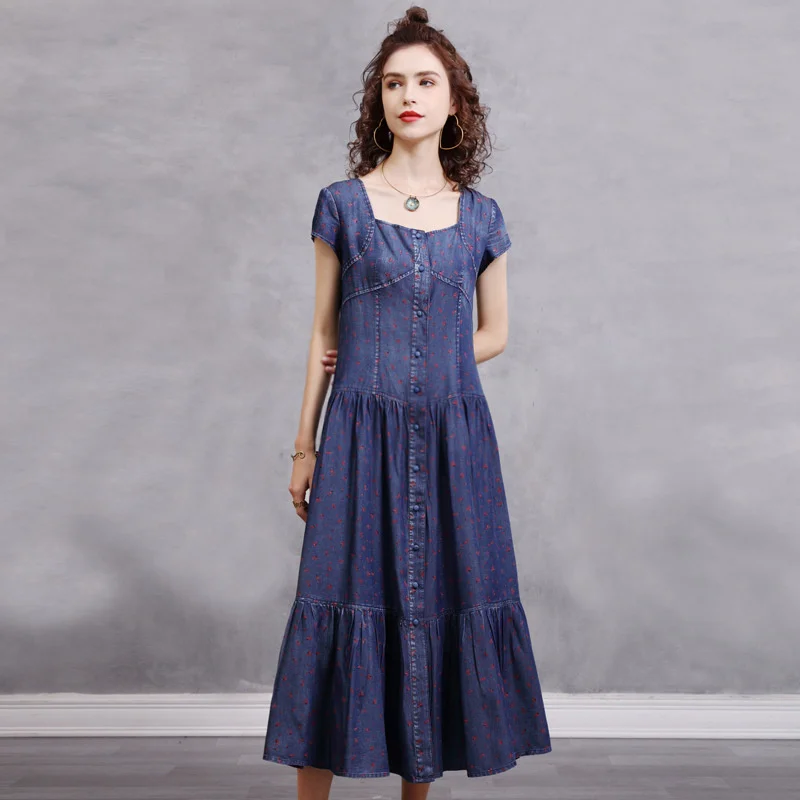 

IEQJ Women Temperament Square Neck Waist Waist Mid-length Floral Lotus Leaf Dress New Short Sleeve Loose Fashion Summer 2021