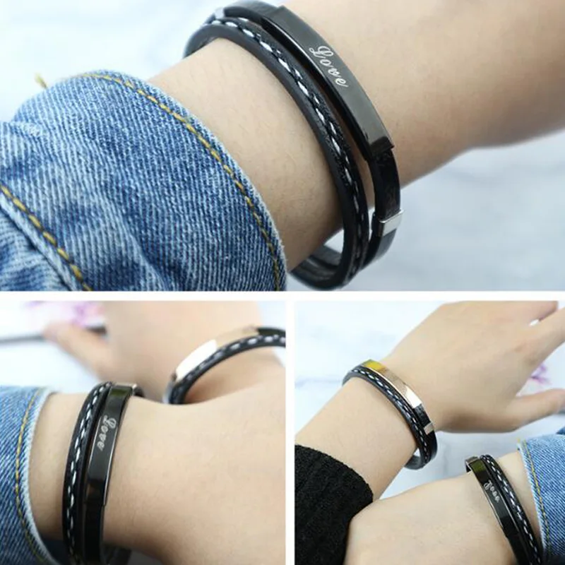 Многослойные кожаные браслеты для мужчин и женщин гравировальные из нержавеющей