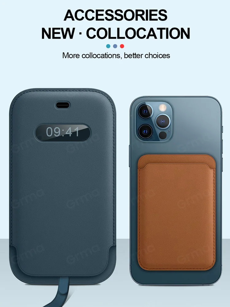

Grma New Original Genuine Leather Wallet for iPhone 12 Pro Max 12 Mini Mag Magnetic Safe Leather Sleeve Card Bag Phone Case