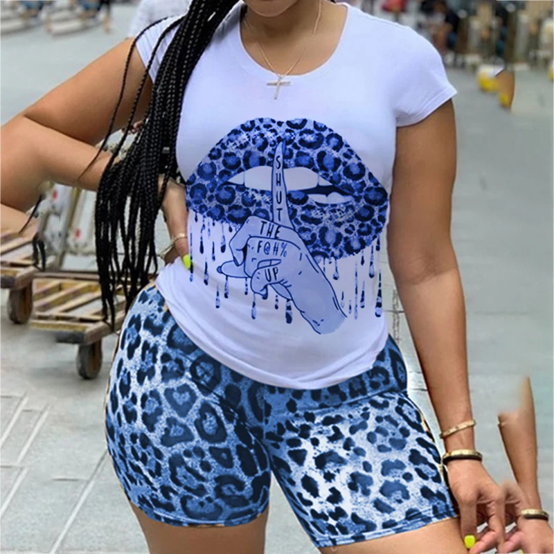 

2021 Plus Size 5XL Two Piece Set for Women Tracksuit Lips Short Sleeve Top Leopard Shorts Sweat Suit 2 Pcs Outfits Matching Sets