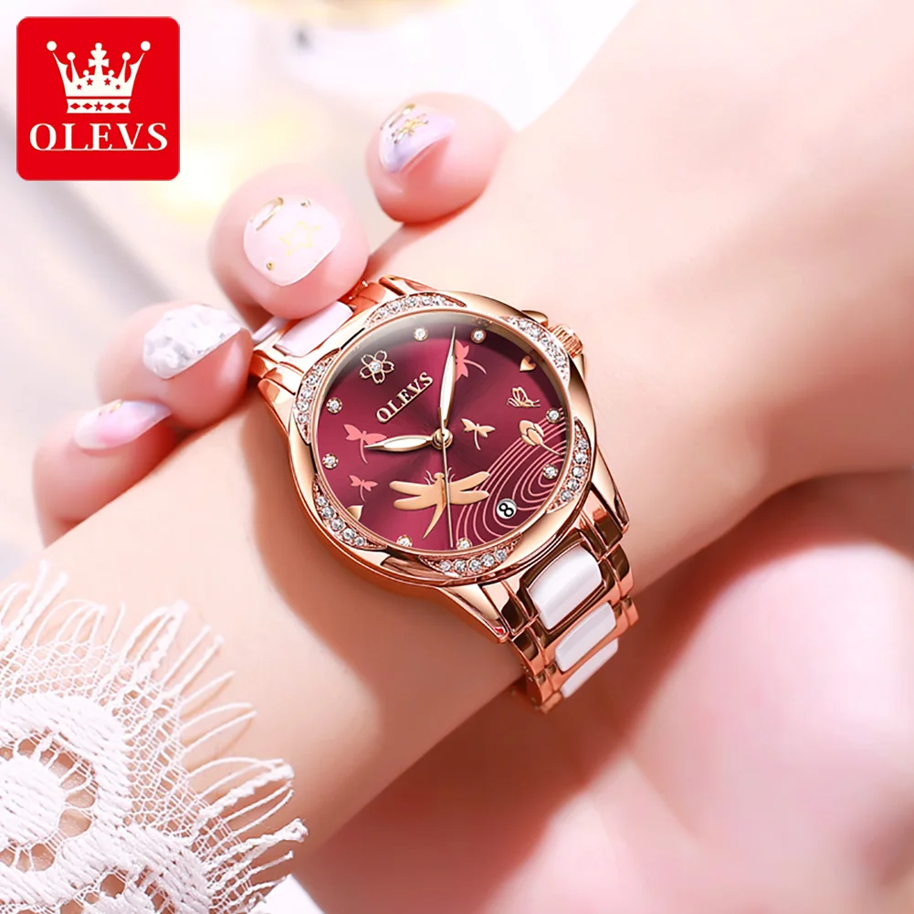OLEVS Brand Women Watches Ladies Brand Luxury Rhinestone Ceramic Strap Mechanical Watch Women Waterproof Watch Montre Femme enlarge