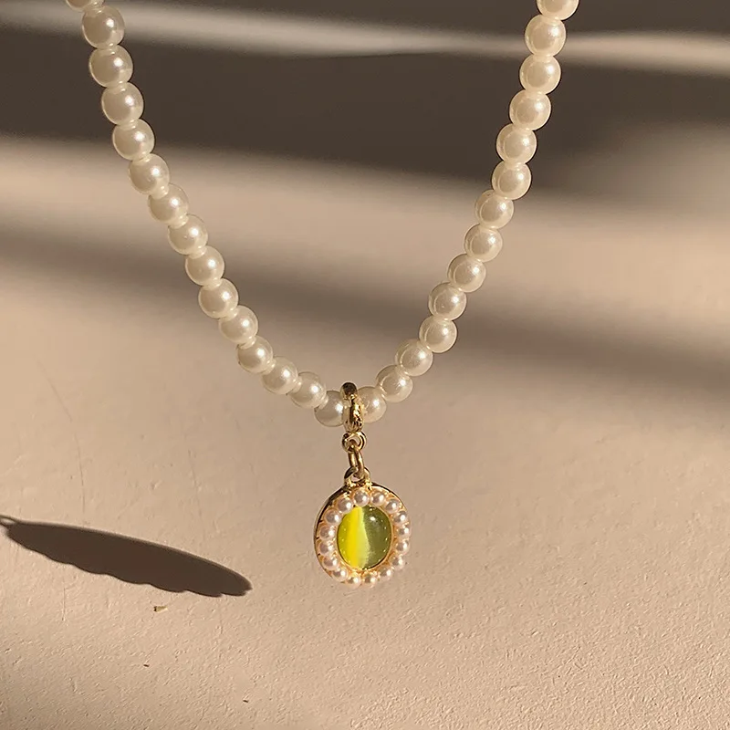 

Ожерелье TARCLIY с подвеской из светло-зеленого камня, имитация жемчуга, элегантная женская цепочка до ключицы в стиле ретро, Модная бижутерия, ...