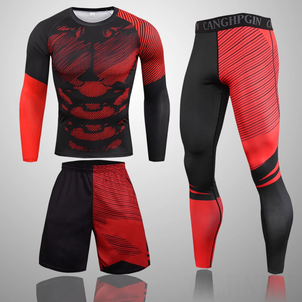 3pcs / set Mens Tracksuit Gym Fitness Compression Sport Suit Clothes Running Jogging Sportswear Exercise Workout Tights
