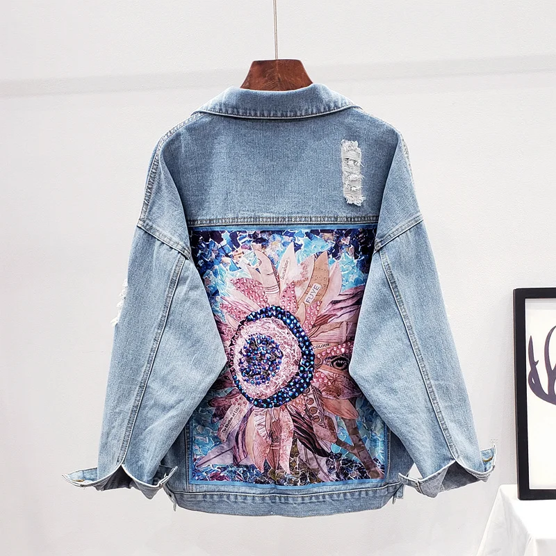 

Boho Denim Jacket For Women Frayed Holes Sequin Floral Appliques Embroidery Jeans Jacket Coat Loose Long sleeve Outerwear Female