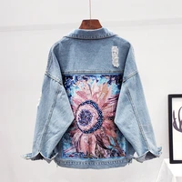 boho denim jacket for women frayed holes sequin floral appliques embroidery jeans jacket coat loose long sleeve outerwear female