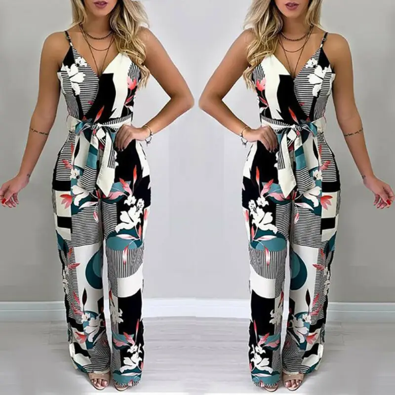 Женский полосатый комбинезон с геометрическим принтом и V образным вырезом
