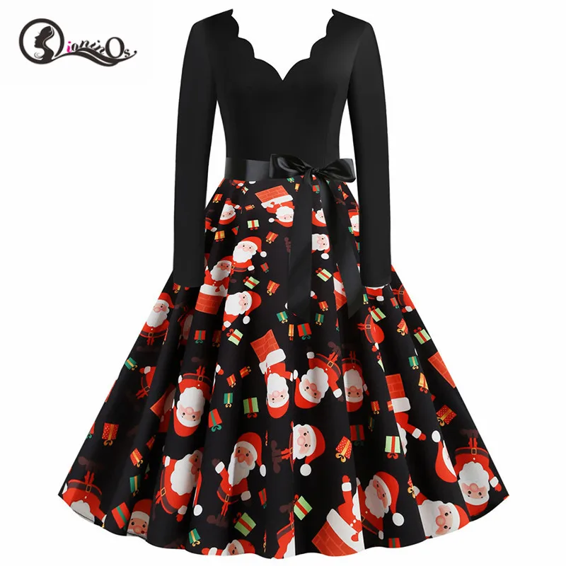 Черное винтажное рождественское платье с большим принтом Женское зимнее