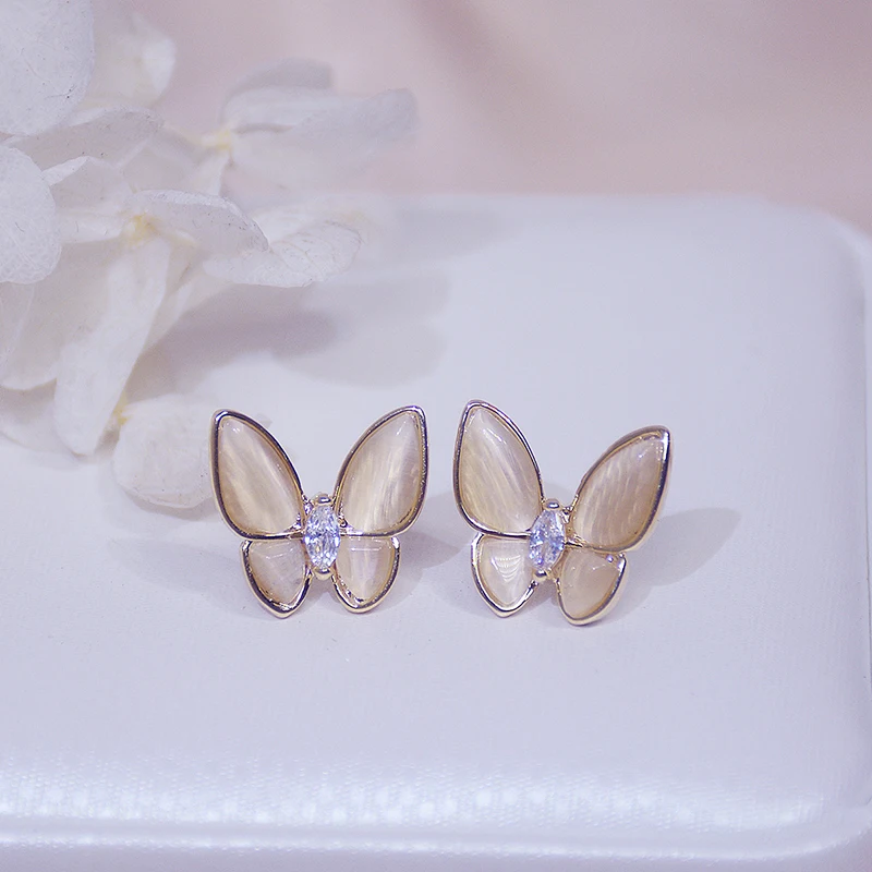 

Luxury 14K Real Gold Cat Eye Butterfly Earrings for Women Jewelry Brilliant AAA Zirconia S925 Silver Needle Stud Wedding Party