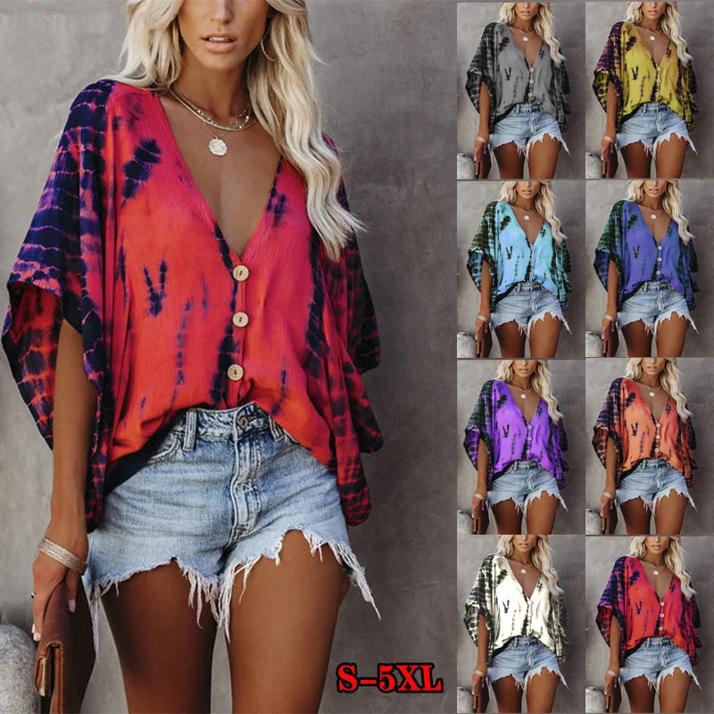 

New Summer Chiffon Women's Top 2021 Fashion Casual Print Sexy Deep V Neck Bat Sleeve Buttons Ladies Pullover T Shirt Plus Size