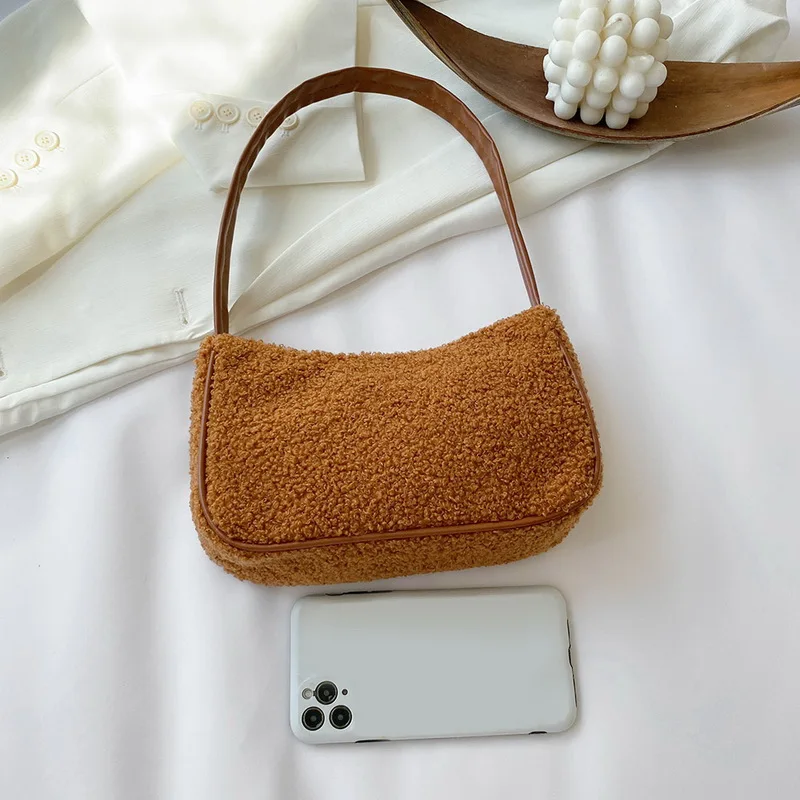 

2021 Lamb Underarm Bags For Women Soft Solid Color Ladies Baguette Handbags Fashion Women's Handbag Cute Purse Tote Bolso Mujer