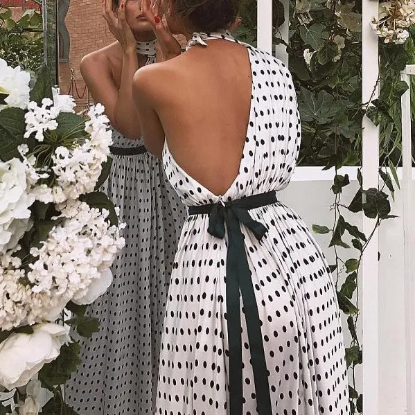 Летнее Сексуальное Женское Платье с лямкой на шее в горошек макси повседневное