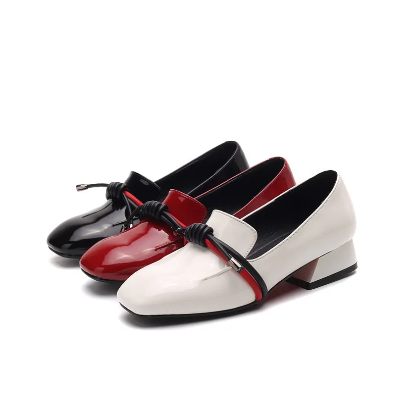 British Women Loafers Red Patent Leather Square Toe Rope Bowtie Flats Slip-on Low Block Heel Mocassins Ladies Smoking Shoes