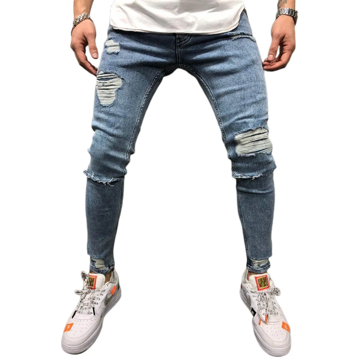

Nice Pop Men Elastic Ripped Jeans, Middle Waist Skinny Trousers With Pockets Casual Style Bottoms Vogue Joker