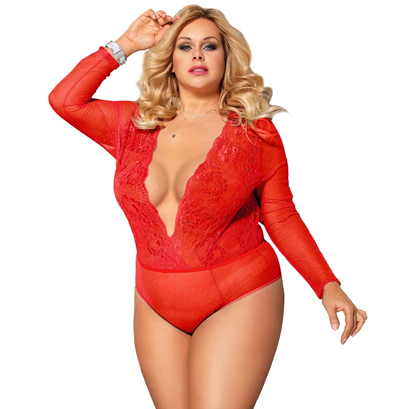 Red Lace Teddies Comeondear боди с длинным рукавом, Кружевное боди для женщин, эротическое боди Encaje с v-образным вырезом, сексуальное боди размера плюс, комбинезоны 5XL RB80776 - Цвет: Red Lace Teddies