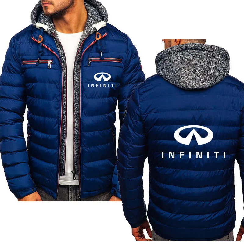 

2021Infiniti car logo print fake two-piece Thicken men's hooded parka jacket Fleece waterproof warm men's zipper hoodie jacket
