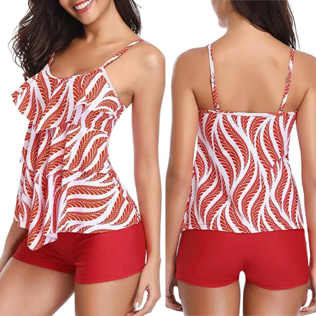

Sexy Brazilian Swimwear Beach Wear Women 2 Piece Flounce Printed Top With Swimwear Bikini Set Wholesale