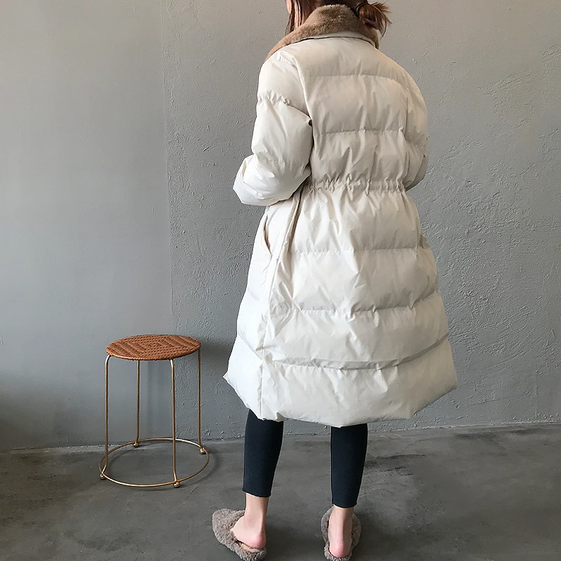 

Winter 2020 new down jacket for women rabbit hair lapel and waist long warm cotton dress, large jacket for women, thick warm cot