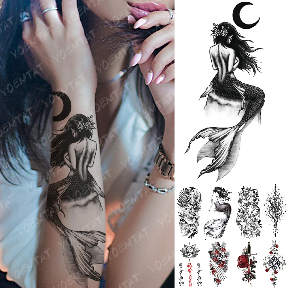 Waterproof Temporary Tattoo Sticker Moon Sea Mermaid Flash Tattoos Flowers Skull Mandala Body Art Arm Fake Tatoo Women Men