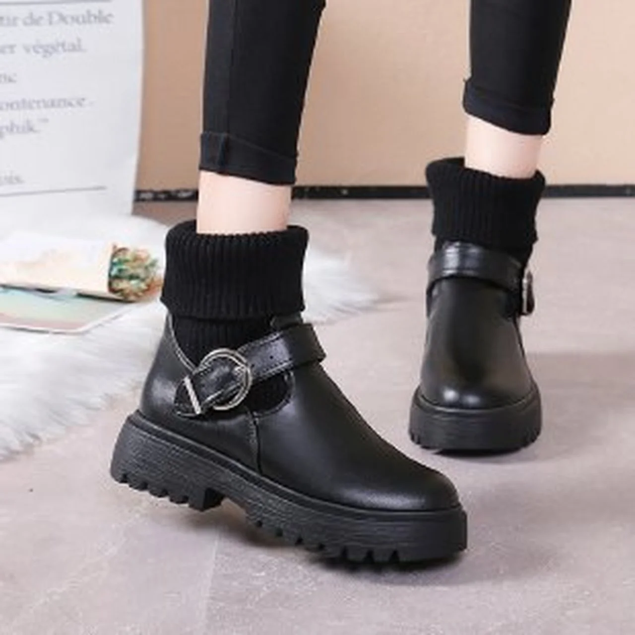 

Женские ботильоны 2021, осенне-зимние ботинки, женская обувь на платформе и высоком каблуке, женские кожаные вязаные ботильоны на плоской под...