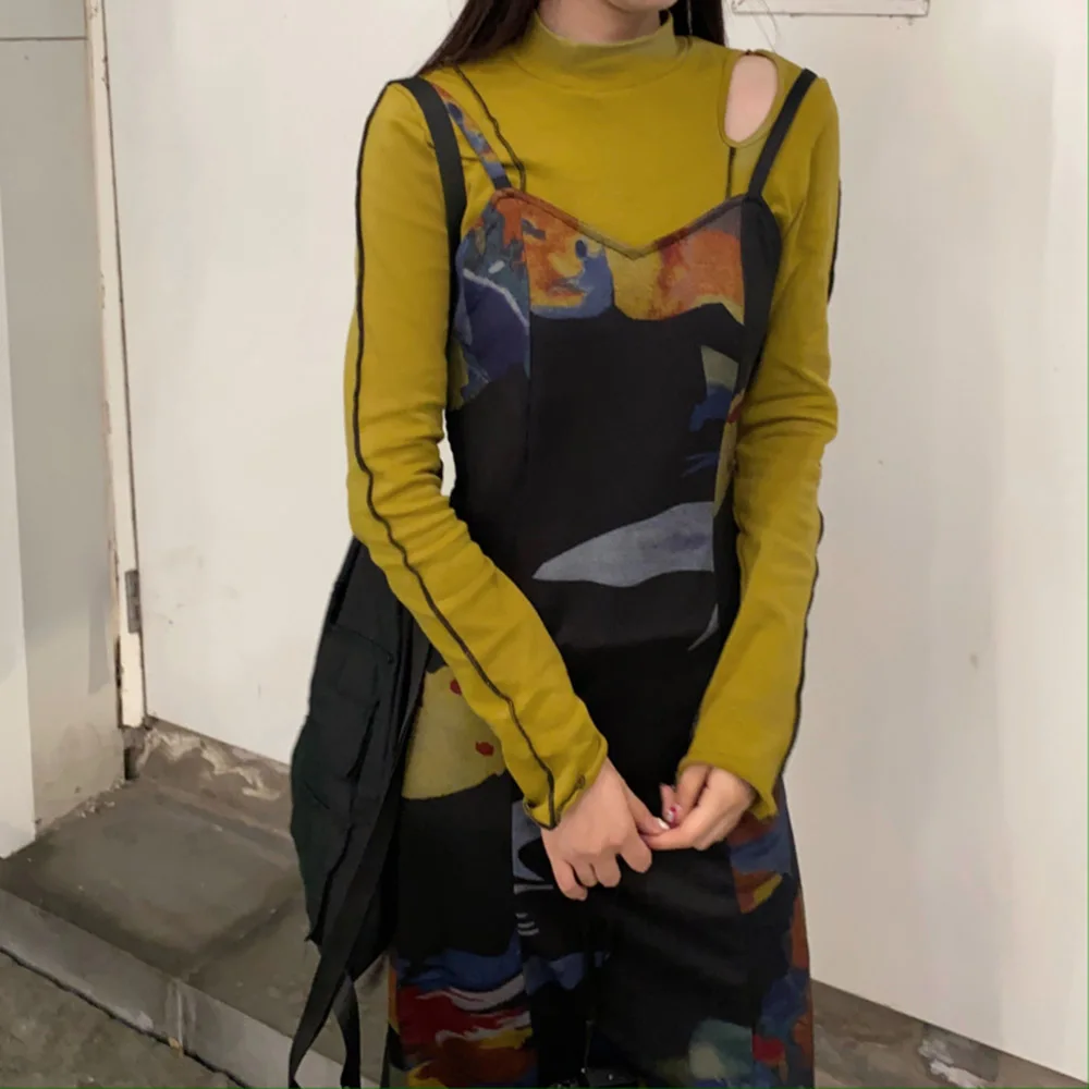 

Japanese Korean Version Two Piece Sets 2021 Spring Summer Fashion Temperament Casual Printing Irregular Draw Back Long Sleeve