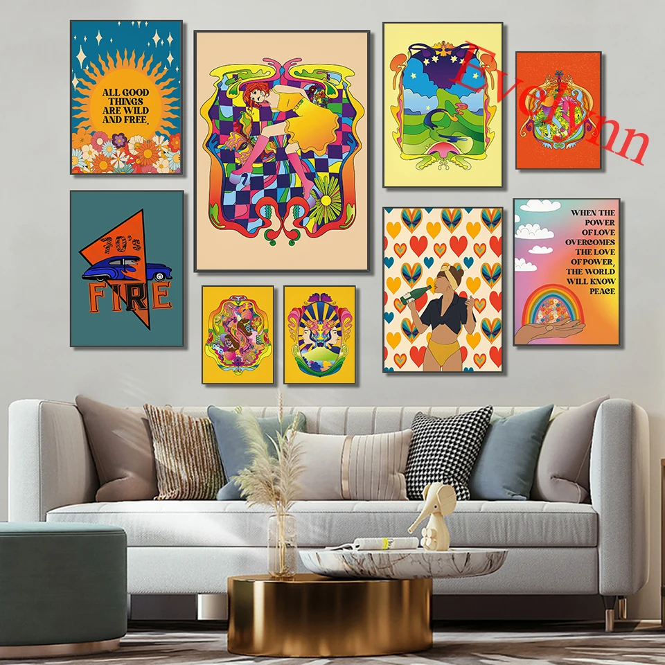 

70s Floral Retro Poster,Flower Child Art,Hippie Art Rainbow Art 70s Car Modern Living Room Home Decor Canvas Wall Art Prints