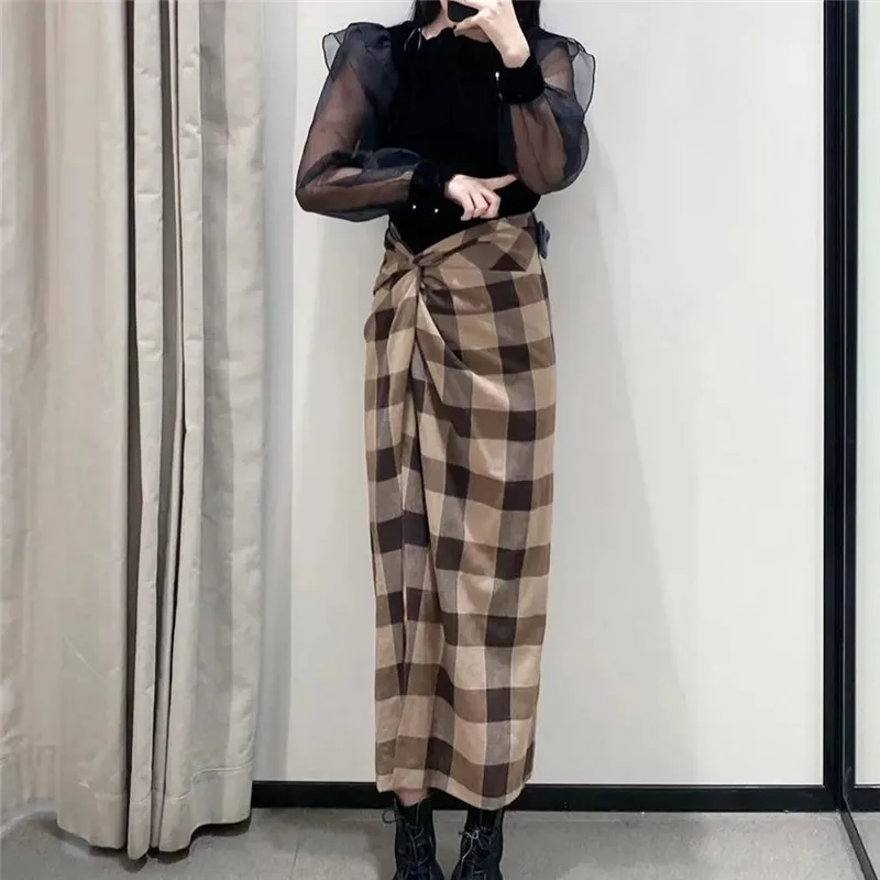 

Za 2020 Woman Skirts Vintage Long Plaid High Waisted Skirt Women Clothing Casual Korean Zip Check Knot Winter Midi Pencil Skirt