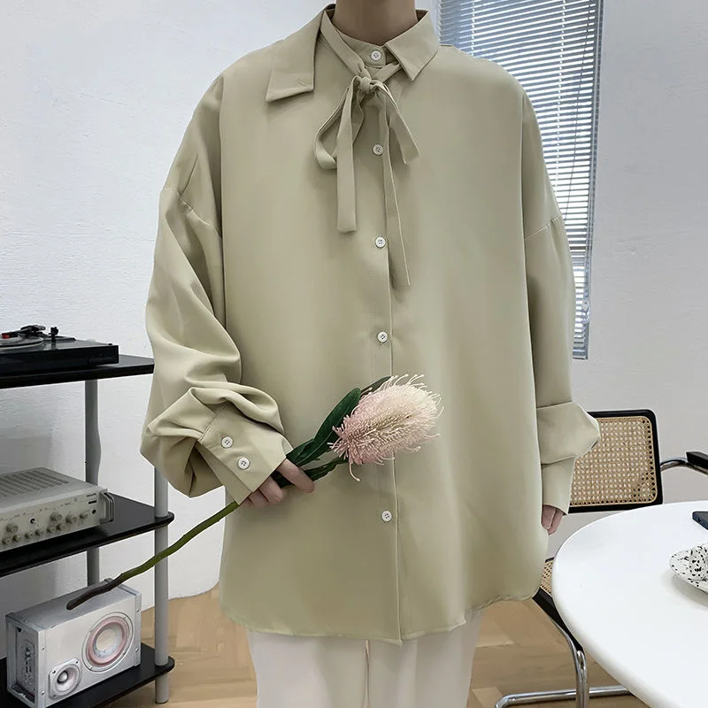 

Мужская свободная рубашка, с длинным рукавом, с галстуком, однотонная, 2021