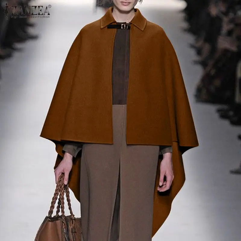 

Women Irregular High Low Cloak Coat ZANZEA Fashion Solid Capes 2021 Autumn Christmas Woolen Ponchos Female Casual Lapel Jackets