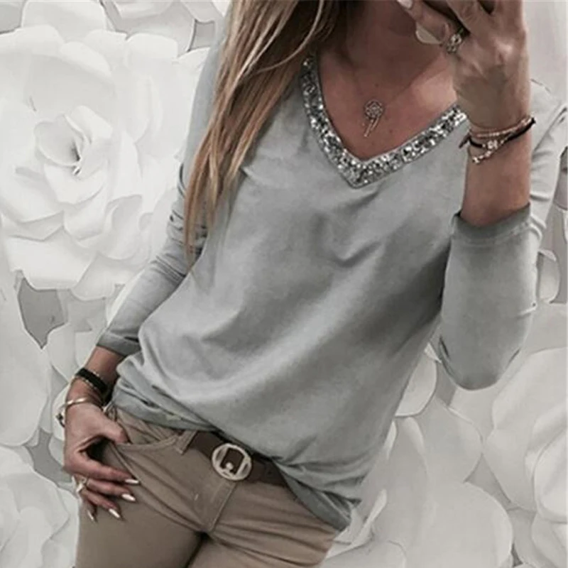 Модная женская рубашка Повседневная Сексуальная футболка в блестках с длинными