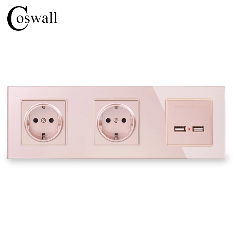 Gold COSWALL настенная Хрустальная стеклянная панель, двойная розетка 16А, европейская электрическая розетка, двойной USB, умный зарядный порт, 5 В, 2 А, выход, золотой цвет - Тип: Gold
