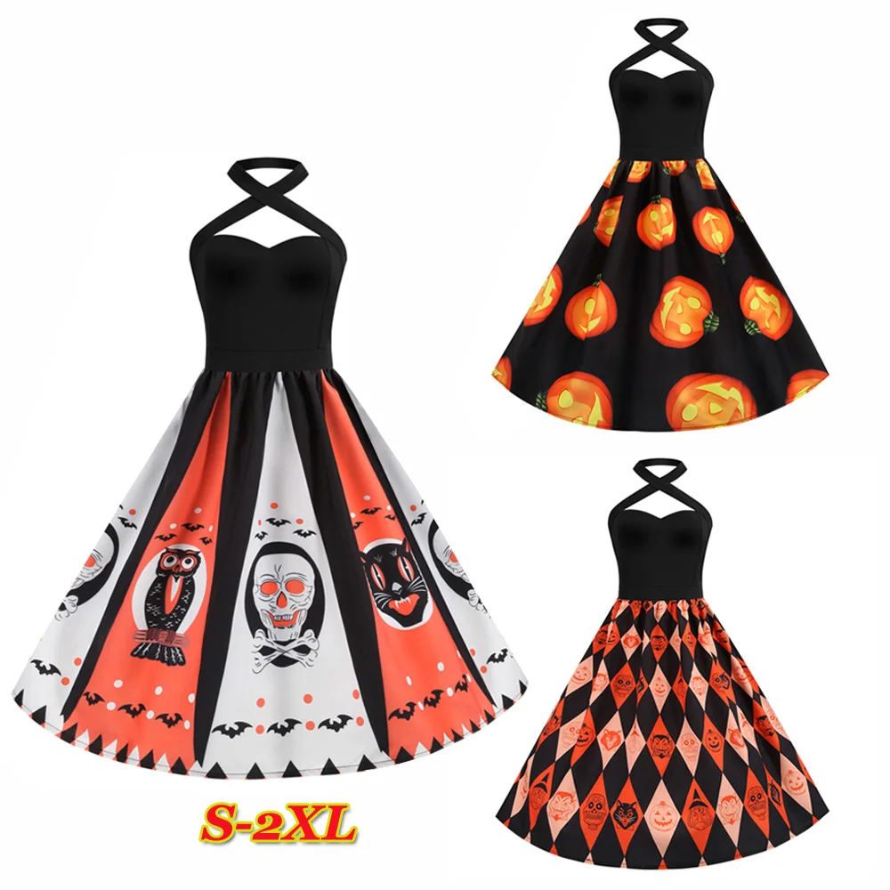 Wipalo Хэллоуин женское винтажное платье с принтом тыквы и черепа открытыми плечами