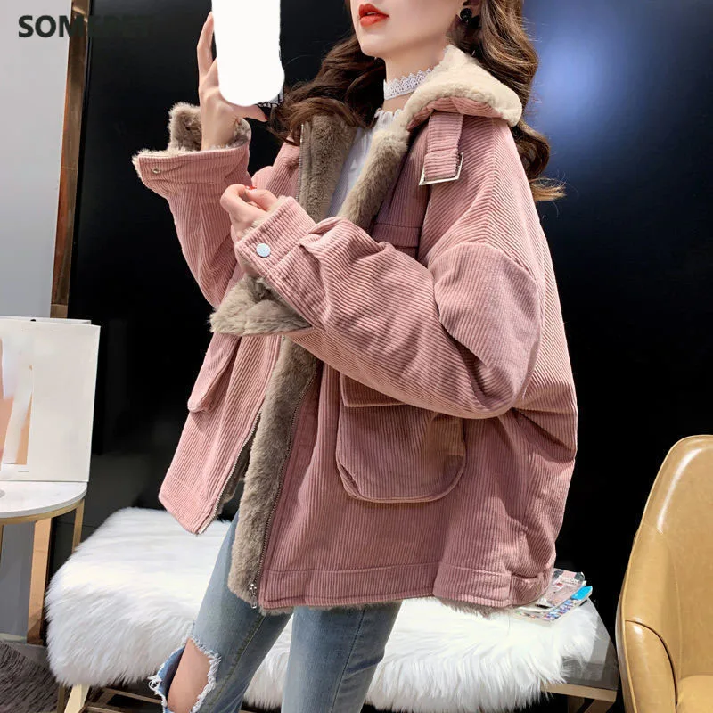 Thicken Women's Winter Jacket Korean Loose All-match Corduroy Coat for Women Oversize Casual Zipper Warm Plush Overcoat