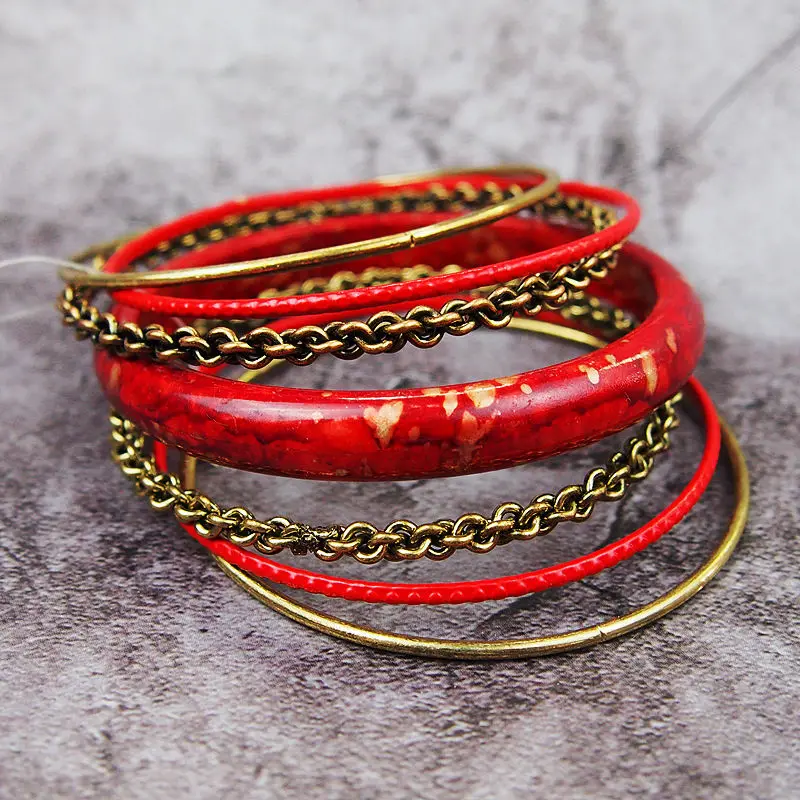 

New Arrival Bracelets Bangle 7/Set Special Metal Wood Retro Big Circle for Women Girls Punk Jewelry 6.8CM Nice All-match Red 007