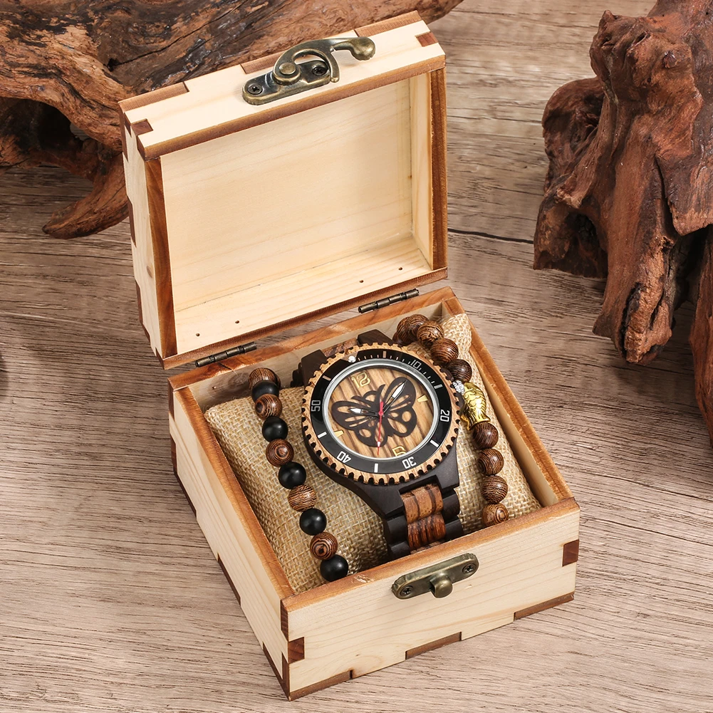 

Men's Classical Buddhism Bracelets Wooden Butterfly Face Antique Quartz Wristwatch Male Classical Wooden Band Clock Man Watch