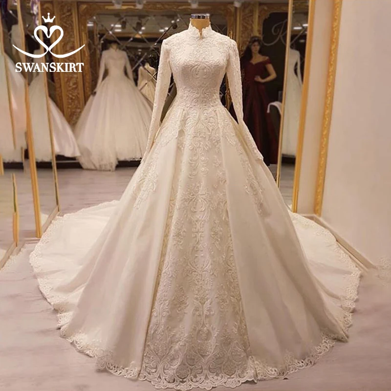 Роскошное мусульманское свадебное платье с аппликацией из бисера Swanskirt AZ02