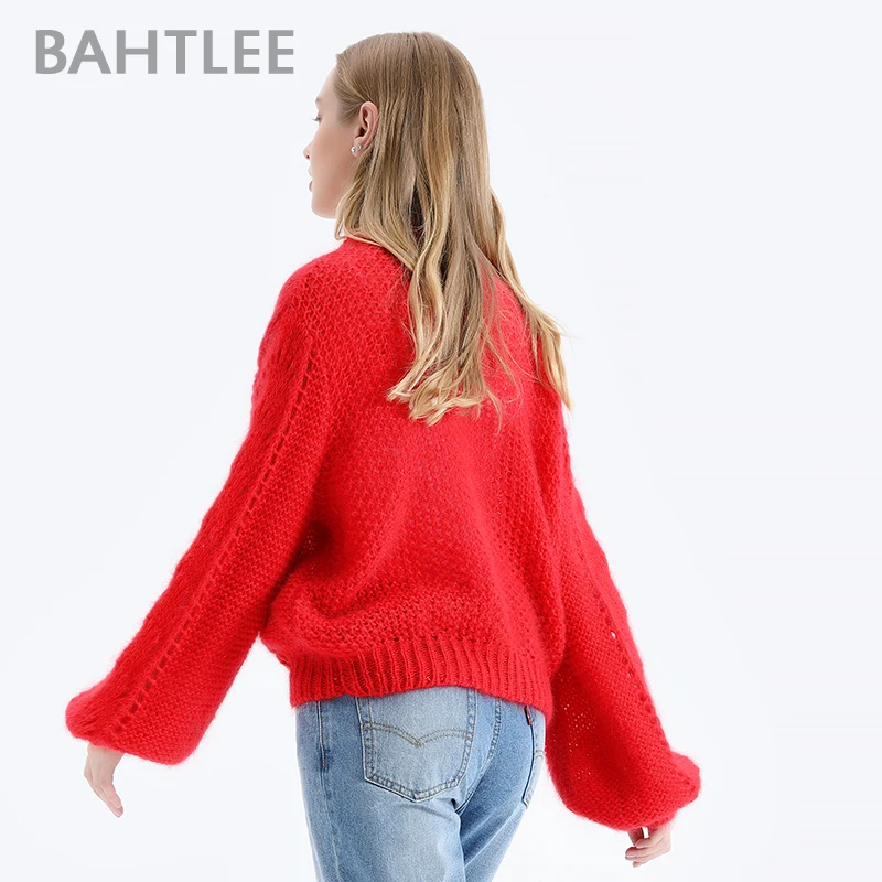 BAHTLEE Women Mohair Short Pullover Sweater Lantern Sleeves Autumn Winter Wool Knitted Jumper Loose Hollow out | Женская одежда