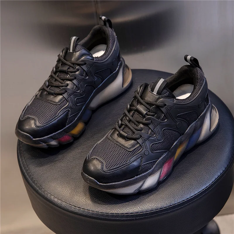 

Rainbow bottomed daddy shoes women's thick bottomed spring 2021 new leather flat bottomed running shoes women's fashion