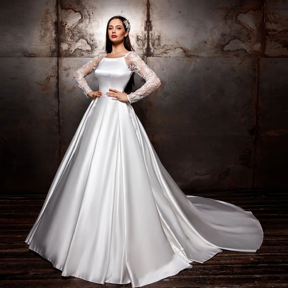

Vestido De Noiva Long Sleeve A-Line Wedding Dress Satin Pearls Appliques Robe De Mariage Cut-Out Back Simple Abito Da Sposa