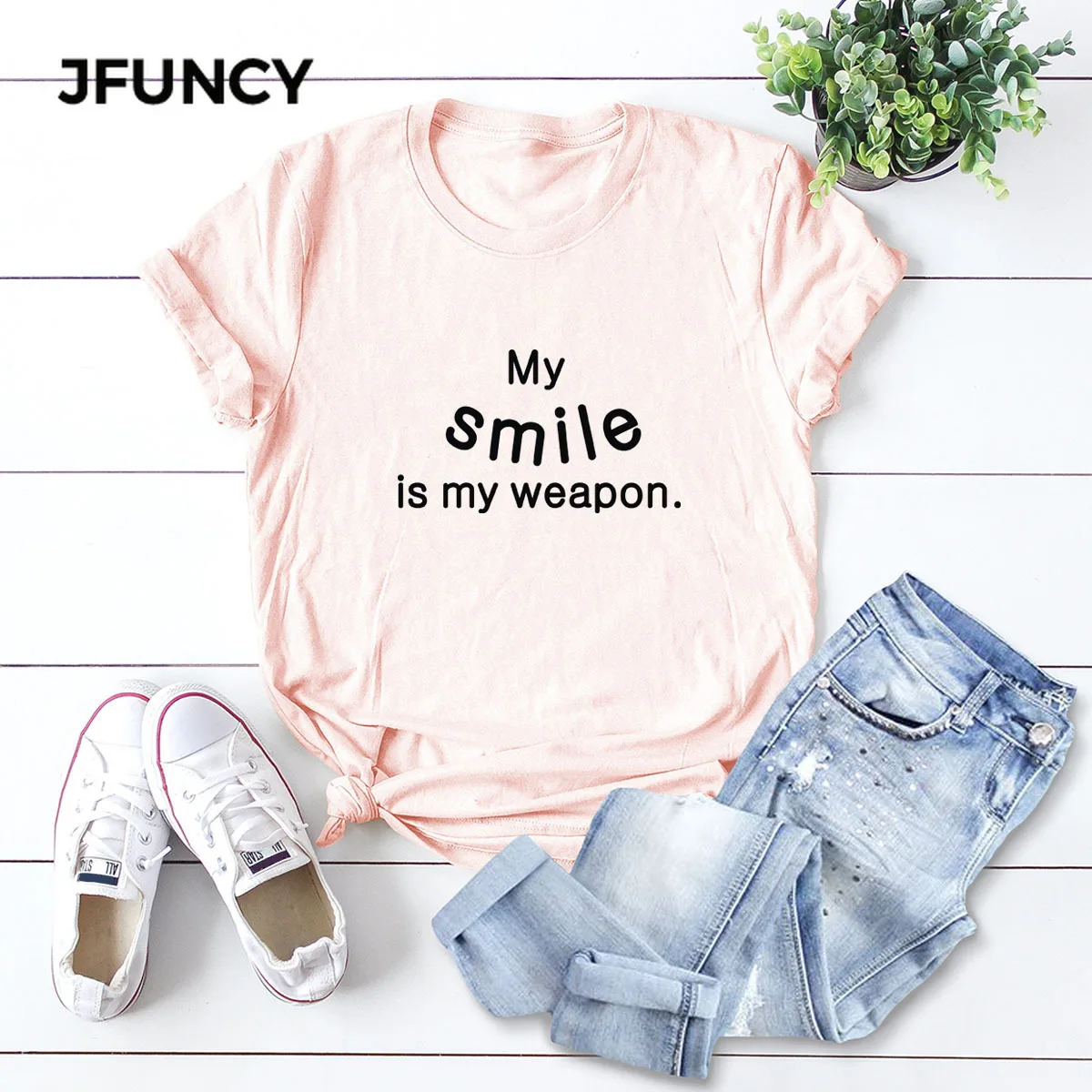 JFUNCY Smile Is My Weapon Funny T-shirt Summer Women T Shirt  Short Sleeve Cotton Tees Woman Tops Casual Tshirts