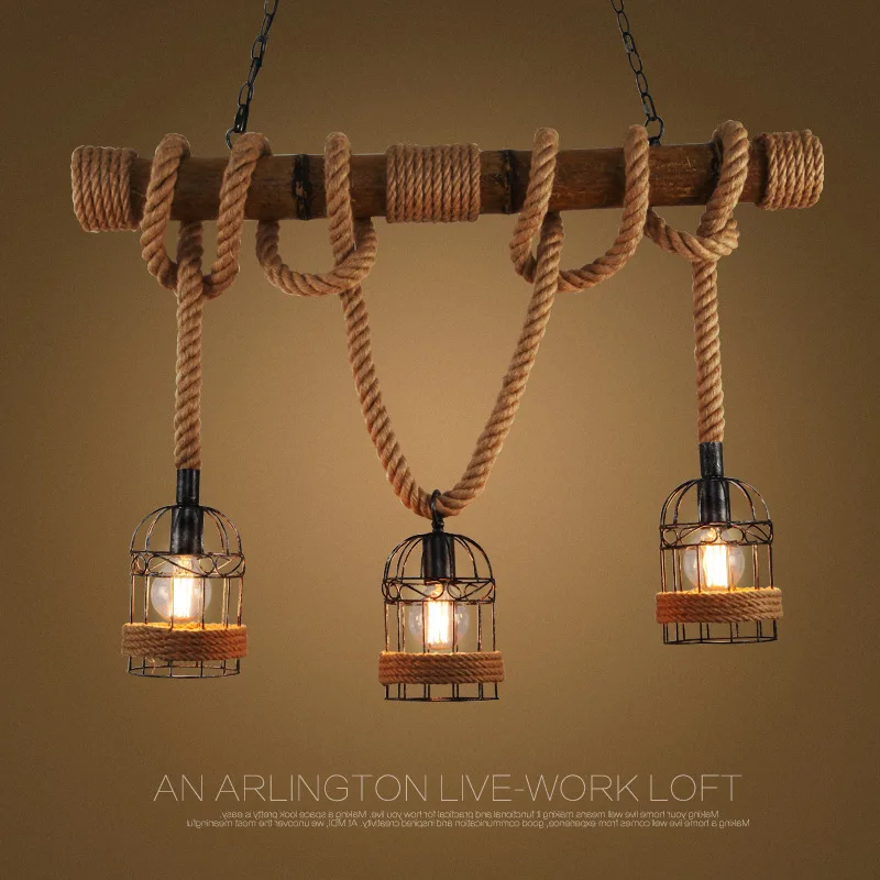 Кантри Винтаж подвесные светильники чердак пеньковая веревка бамбуковая