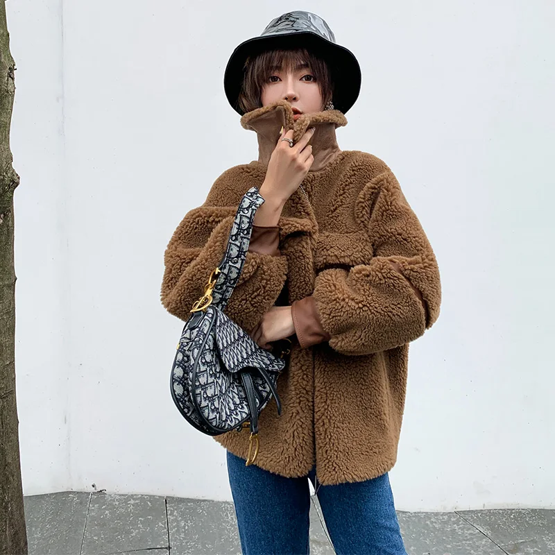 Brown YYY1975 Плюшевое пальто из овчины меховая женская парка Тренч приталенное пальто зимняя короткая шерстяная куртка винтажная Высококачественная офисная пушистая куртка желтого цвета - Цвет: Brown YYY1975