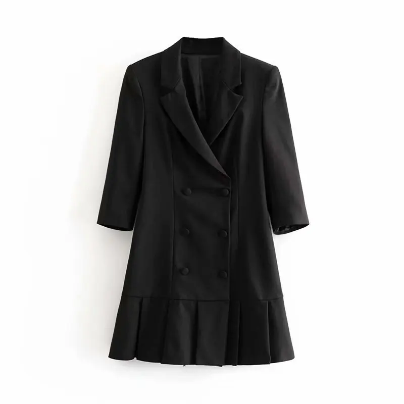 Женское двубортное платье блейзер с v образным вырезом и оборками черное