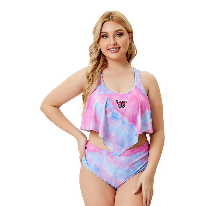 

Tie-dye Double Shoulder Strap Two Piece Ruffle High-waist Split Large Size Swimsuit Lady Dress Plus Size Women Bathing Suit 5XL