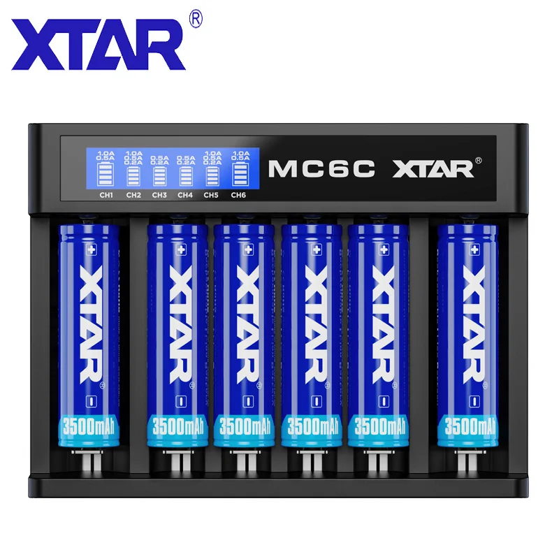 

XTAR MC6C Battery Charger Smart LCD Charger 5V 3A USB Cable DC Input TC CC CV Charging 3.6V 3.7V Li-Ion 18650 Battery Charger